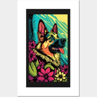 German Shepherd Dog Vibrant Tropical Flower Tall Retro Vintage Digital Pop Art Portrait 2 Posters and Art